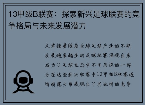 13甲级B联赛：探索新兴足球联赛的竞争格局与未来发展潜力
