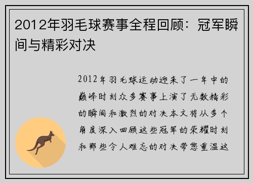 2012年羽毛球赛事全程回顾：冠军瞬间与精彩对决