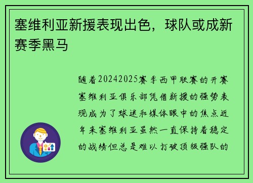 塞维利亚新援表现出色，球队或成新赛季黑马
